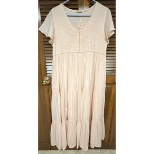 Soft Surroundings Pink Embroidered Tiered Midi Dress Cottagecore Boho M